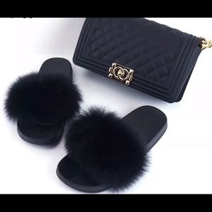 Fur sandals and purse